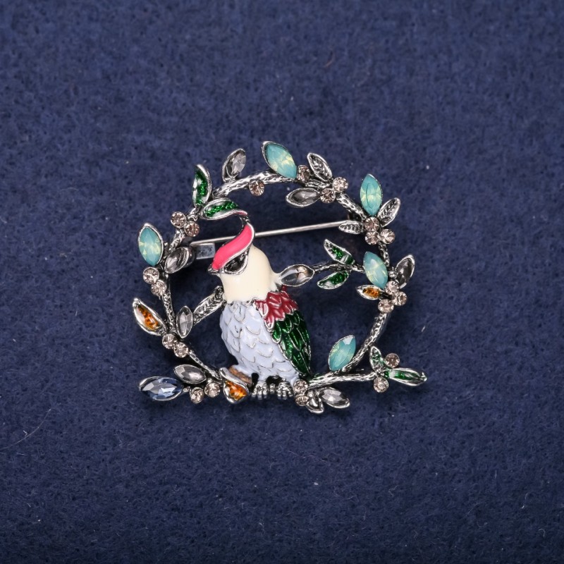 Discount! Bird on a Branch Brooch with Crystals, Enamel, Red, White, Blue, and Green colors, 38x40 mm, Silver-Toned Metal