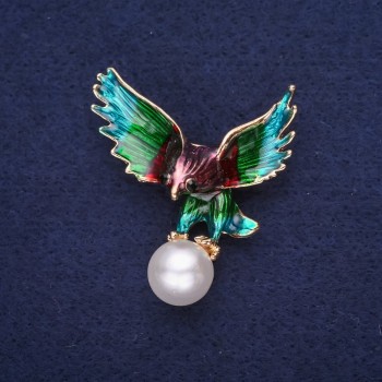 Discount! Eagle Bird Brooch with Pearl Bead Enamel in Sea-Wave Color Burgundy Green Purple mm Golden Metal