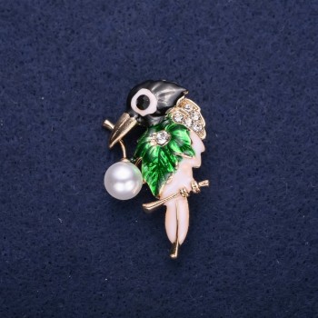 Sale! Bird Brooch with Crystals and Enamel in Black, White, and Green, 37×24 mm, Gold-Tone Metal
