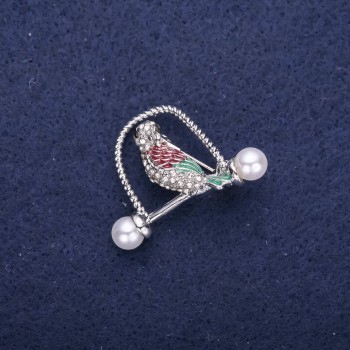 Sale! Bird Brooch with Crystals in Green and Burgundy, 32x23 mm, Silver-Tone Metal
