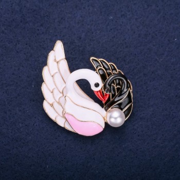 Sale! Brooch 'Birds Swans' with crystals and enamel — white, pink, black, red colors, 43x38 mm, gold-tone metal