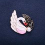 Sale! Brooch 'Birds Swans' with crystals and enamel — white, pink, black, red colors, 43x38 mm, gold-tone metal