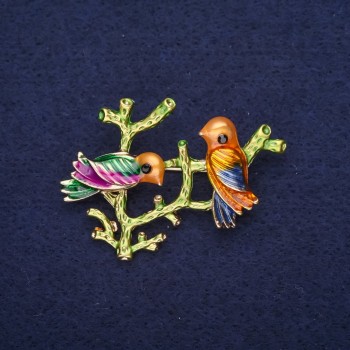 Sale! Brooch Bird on a Branch Enamel in Yellow, Magenta, Blue, and Green 40×35 mm Golden Metal