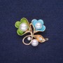 Discount! Brooch: Flowers with Pearl Beads, enamel in white, green, blue, 34×30 mm, gold-tone metal