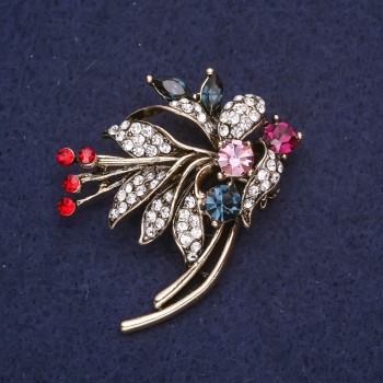 Brooch 'Bouquet' with colored stones and rhinestones red, blue, pink, burgundy and white, 48×40 mm, gold-tone metal