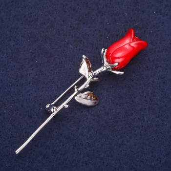 Rose Flower Brooch - Red 66x19mm, Silver Metal
