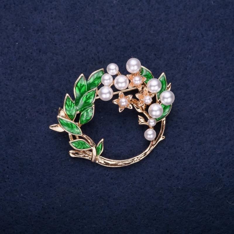 Sale! Brooch 'Wreath' with Pearl Beads and Enamel, white and green, 41×35 mm, golden metal