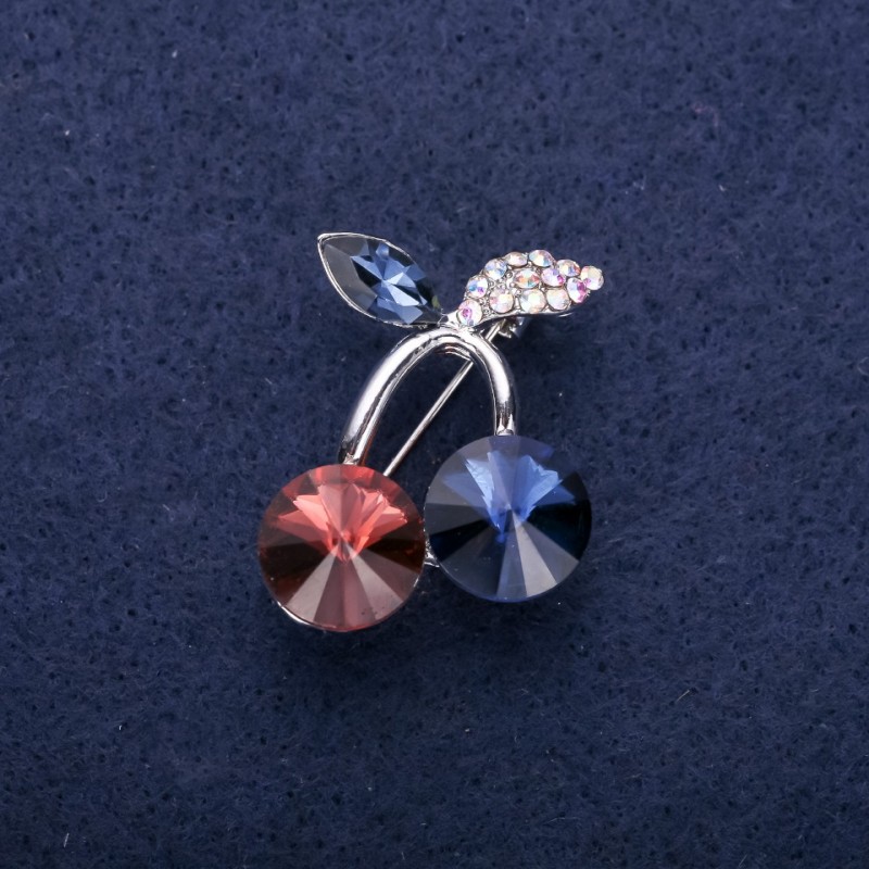 Brooch 'Cherries' with stones and crystals, blue, burgundy, and chameleon colors, 24x29mm, silver-toned metal