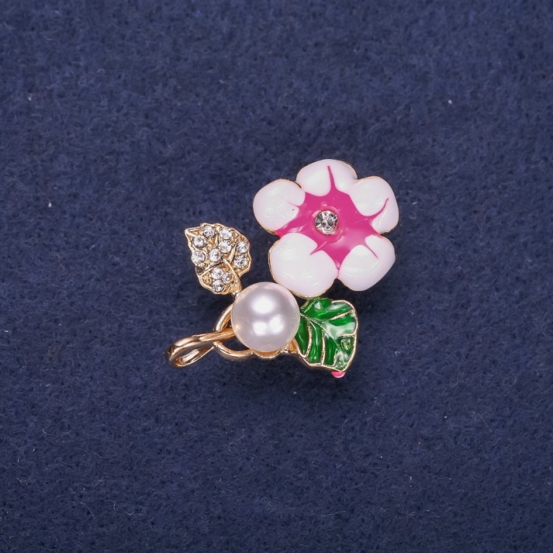 Sale! Flower Brooch with Pearl Bead, Enamel, Crystals, White, Green, Raspberry, 32x23mm, Gold-Tone Metal