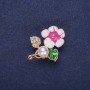 Sale! Flower Brooch with Pearl Bead, Enamel, Crystals, White, Green, Raspberry, 32x23mm, Gold-Tone Metal