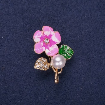 Sale! Flower Brooch with pearl bead inlay, enamel, crystals, colors white, green, and pink, 32×23 mm, gold-tone metal