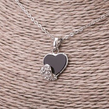 Heart Pendant on Chain with Crystals, black and white insert, 13x17 mm diameter, chain length 45-50 cm, silver-toned metal