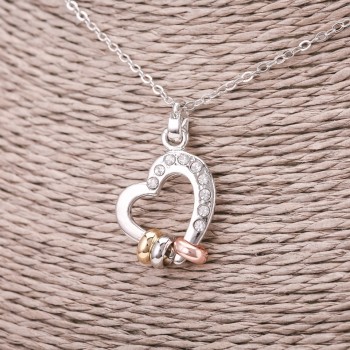 Heart Pendant on Chain with White Crystals, Silver-Colored Metal, Diameter 16×23 mm, Length 45–50 cm