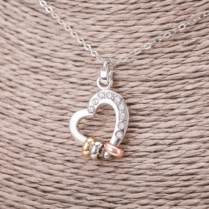 Heart Pendant on Chain with White Crystals, Silver-Colored Metal, Diameter 16×23 mm, Length 45–50 cm