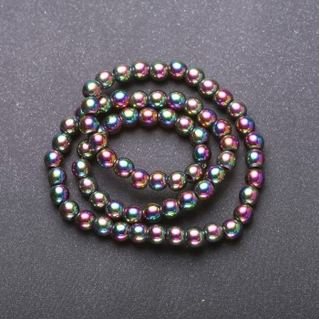 Hematite beads on a rainbow-coated thread, 'Gasoline' smooth round beads, 6 mm diameter, 38 cm length