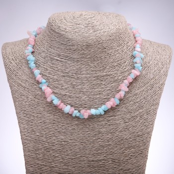 Beaded necklace with tinted pink and blue quartz chips, 7± mm in diameter, 42–48 cm long