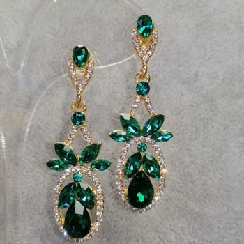 Earrings with green crystals, 5 cm long, yellow metal