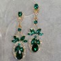 Earrings with green crystals, 5 cm long, yellow metal
