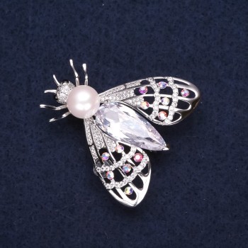 Sale! Butterfly Brooch, silver-toned metal with bead, rhinestones and a crystal 34x35mm +