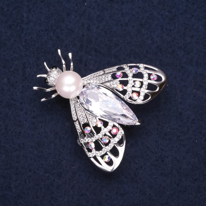 Sale! Butterfly Brooch, silver-toned metal with bead, rhinestones and a crystal 34x35mm +