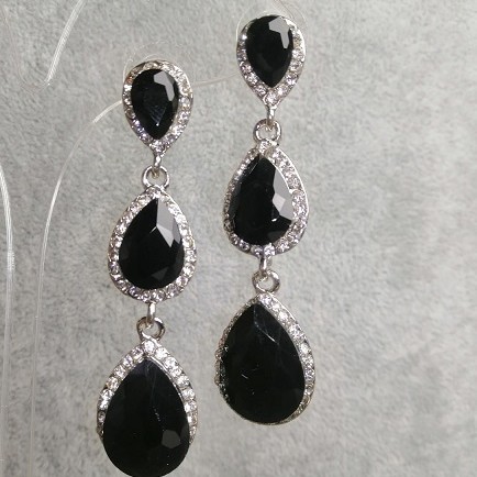 Earrings with Black Crystals, 6 cm long, Gray Metal