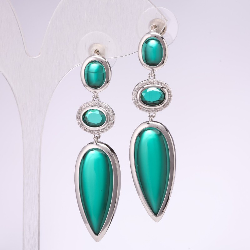 Evening Earrings, 925 Series with Green Stones, 13x50 mm, Silver Metal