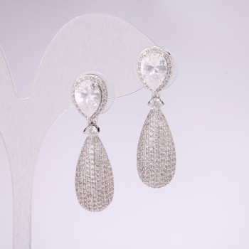 Evening earrings, 925 sterling silver with white stones, 38×10 mm, silver-colored metal