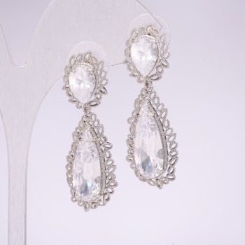 Evening earrings 925 series with white stones, 45x15 mm, silver-colored metal