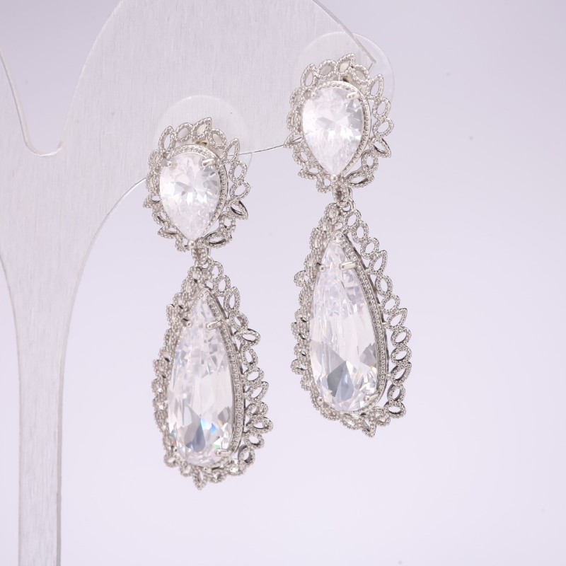 Evening earrings 925 series with white stones, 45x15 mm, silver-colored metal