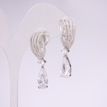 Evening earrings, 925 series with stones, white color, 38x10 mm, silver-toned metal