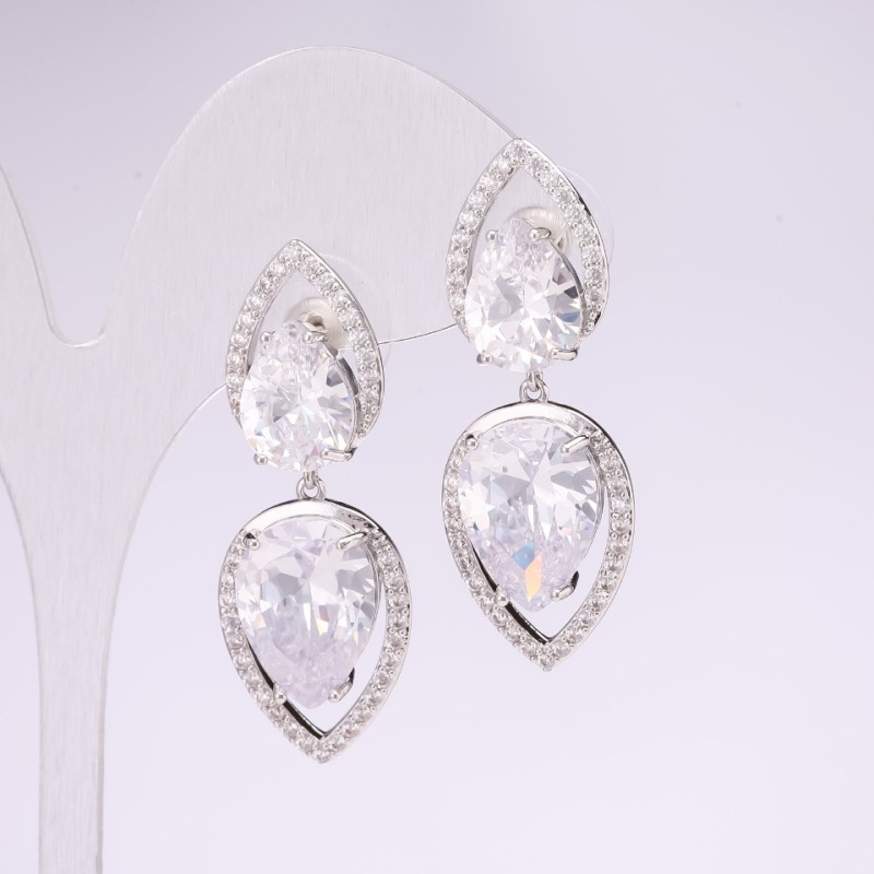 Evening earrings, 925 series, with white stones, 15×41 mm, silver metal