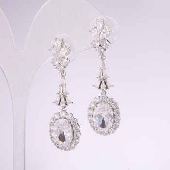 Earrings, 925 Series, with White Stones, 48x14 mm, Silver-Toned Metal