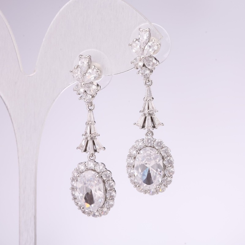 Earrings, 925 Series, with White Stones, 48x14 mm, Silver-Toned Metal