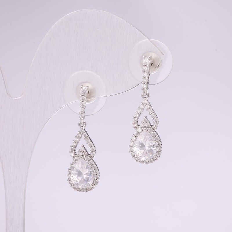 Earrings 925 Series in Rhinestones with Stones, White Color, 8x28 mm, Silver-Colored Metal