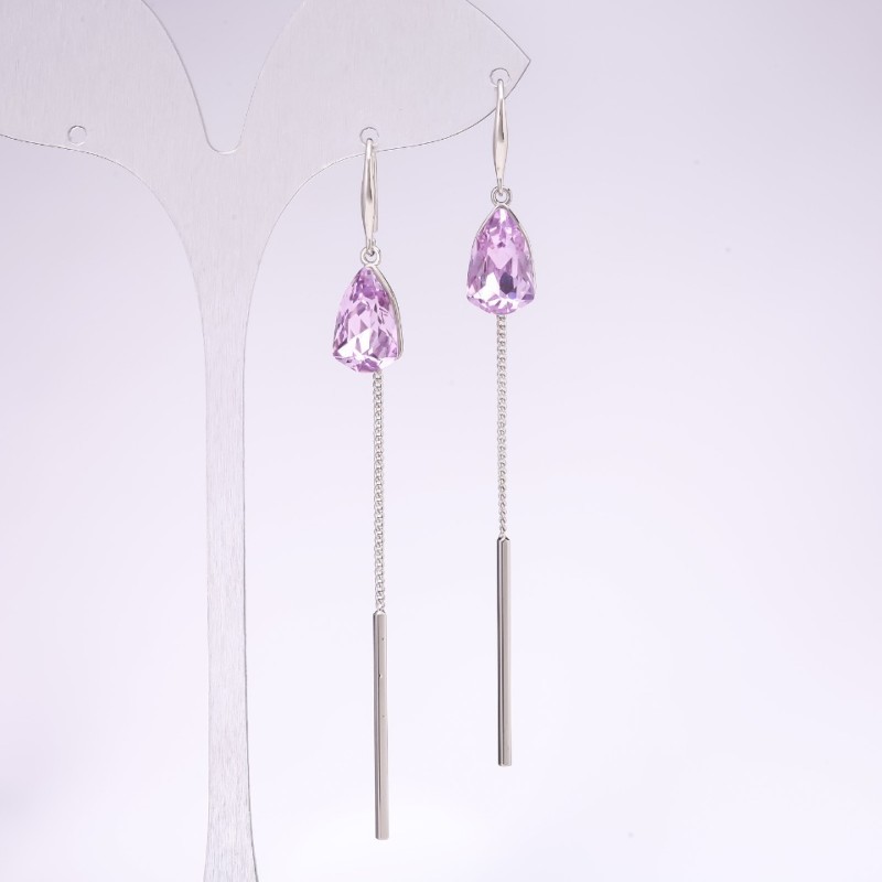 Long earrings, 925 silver series with purple stones, 8x85 mm, silver-tone metal
