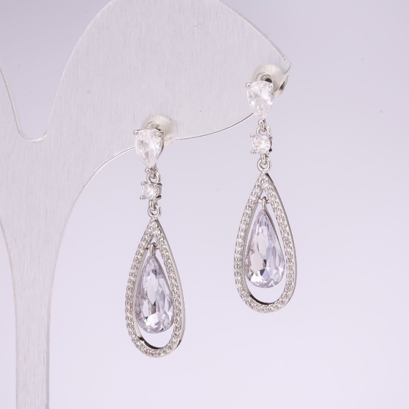 925 Series Teardrop Earrings with Stones, Gray Color, 10×35 mm, Silver-Colored Metal