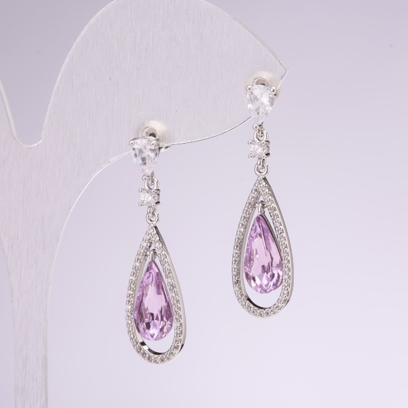 Drop earrings, 925 series, with stones, lilac color, 10x35 mm, silver metal