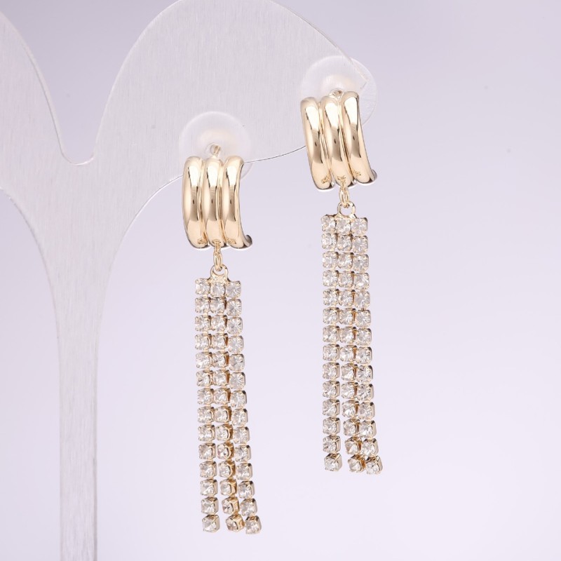 Earrings with pendants, 925 Series, with crystals, white color, 10x50 mm, gold-tone metal