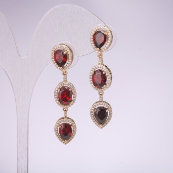 Evening Earrings, 925 Series with Red Stones, 45x10 mm, Gold-tone Metal