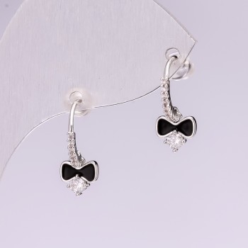 Earrings 'Bow' - 925 Sterling Silver Series, Crystals, Enamel, Color White & Black, 15×7 mm, Silver-tone Metal