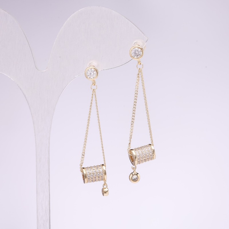 925 Series Drop Earrings with White Crystals, 48x9 mm, Gold-Toned Metal