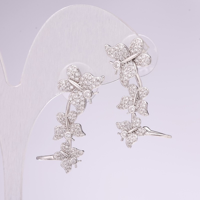 Cafe Earrings 'Butterflies' 925 Silver, Crystals, White Color, 29x12mm, Silver-Tone Metal