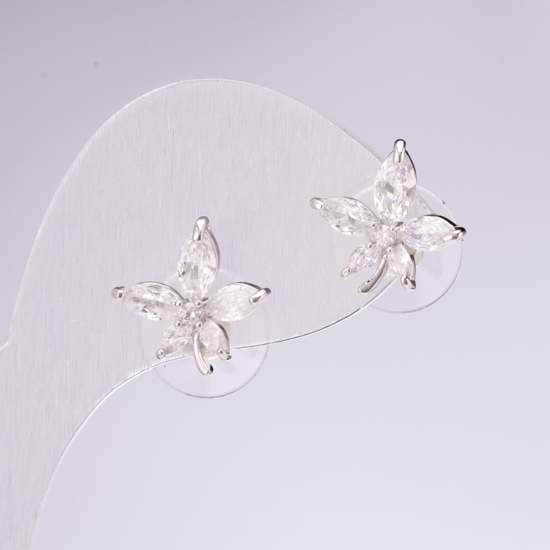 Leaves Stud Earrings, 925 Sterling Silver, with Stones, White, 14x14 mm