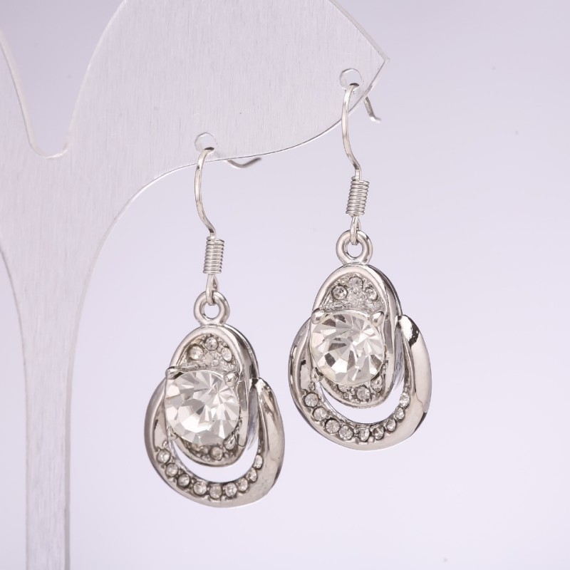 White Crystal Earrings, 16x40 mm, Silver Metal