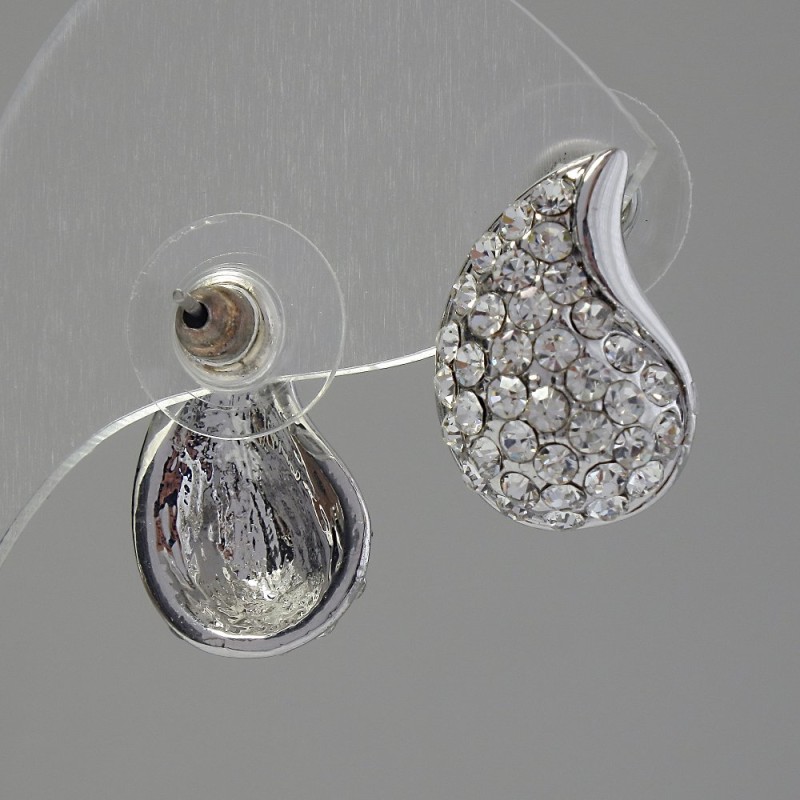 White Rhinestone Stud Earrings, 12x18 mm, Silver-Toned Metal