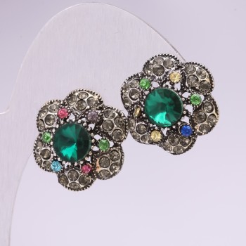 Evening stud earrings with stones and rhinestones, green, pink and yellow, 20 mm, silver-toned metal