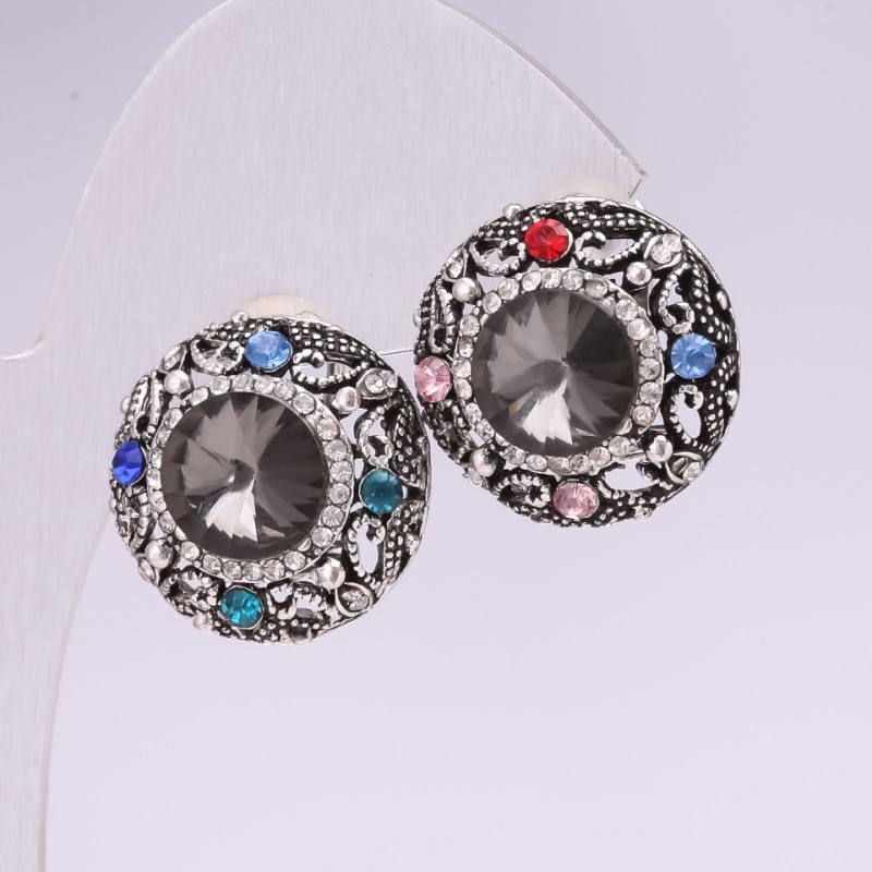 Evening stud earrings with stones and rhinestones - color gray, red, blue, green - 25 mm, silver metal