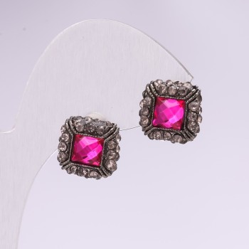 Evening stud earrings with stones and rhinestones, raspberry-gray color, 14 mm, silver-colored metal
