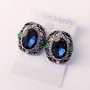 Evening stud earrings with stones and rhinestones, blue, green and white; 24x20 mm; silver-tone metal