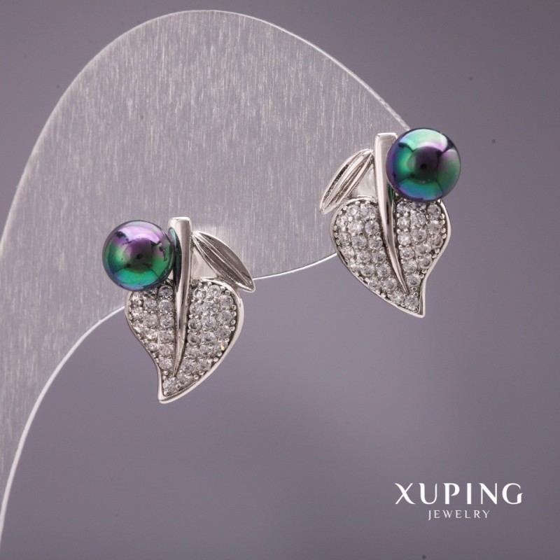 Xuping Earrings with Mallorca Pearls, Black Color, 16x14 mm, Rhodium-Plated